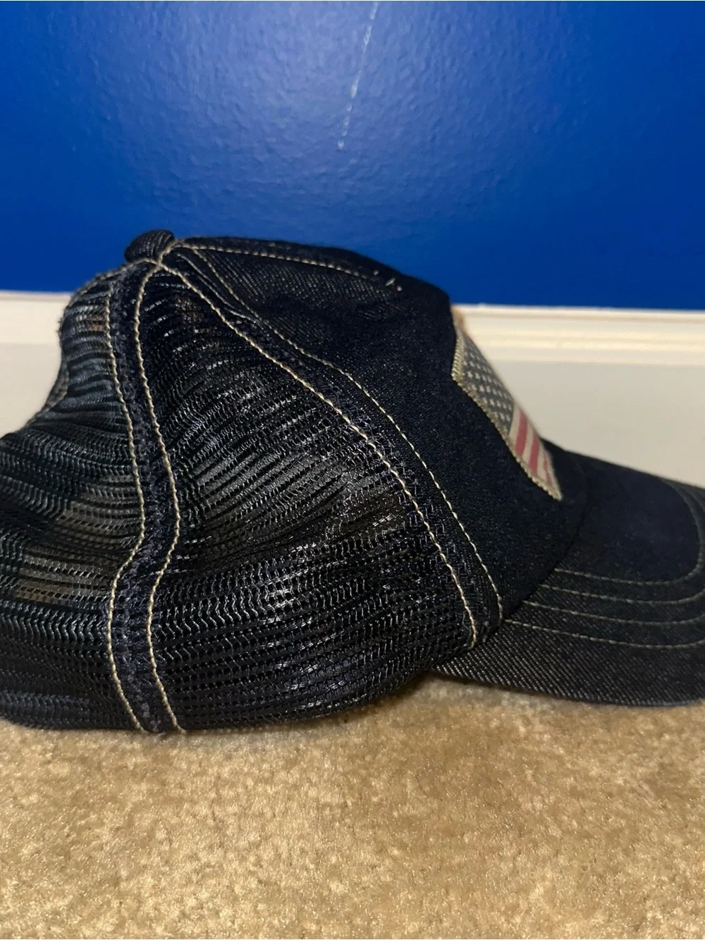 Polo Ralph Lauren Denim Mesh Trucker Cap American Flag Patch Navy Blue